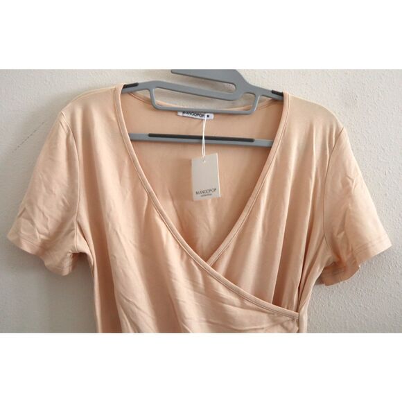 MANGOPOP Women's Sz M Peach Cross Wrap Ruched Plunge Neck Deep V S/S Bodysuit - Picture 3 of 5